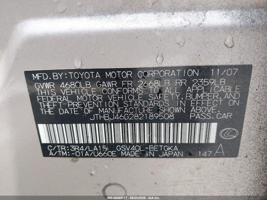 JTHBJ46G282189508 2008 LEXUS ES 350 photo no. 9