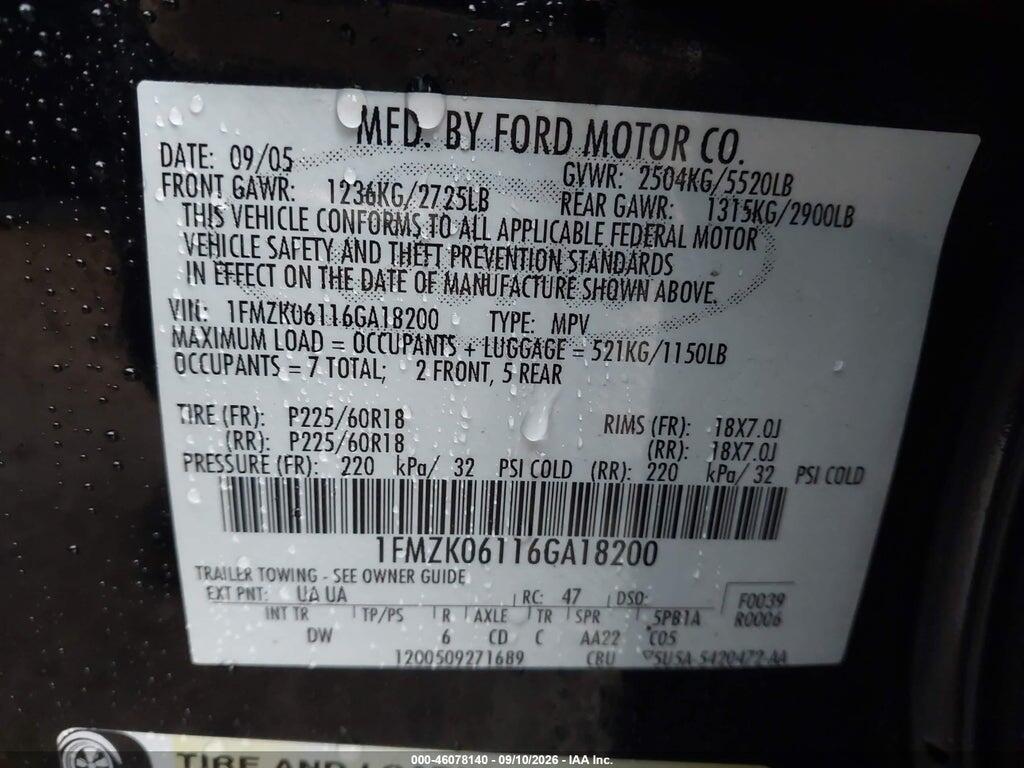 1FMZK06116GA18200 2006 FORD FREESTYLE photo no. 9