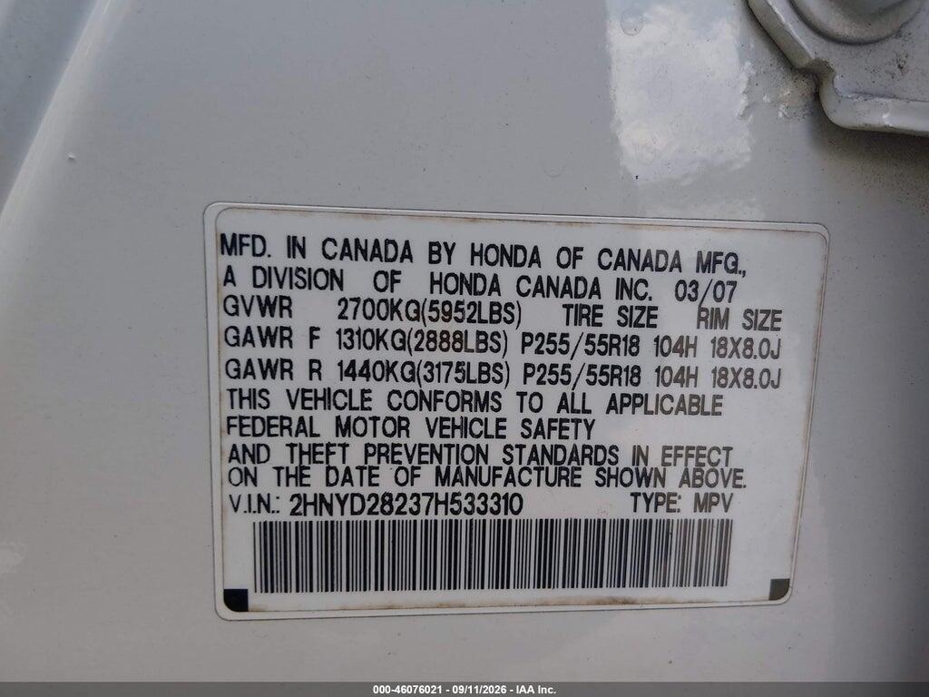 2HNYD28237H533310 2007 ACURA MDX photo no. 9