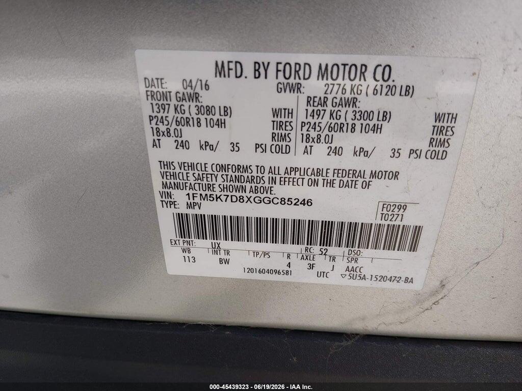 1FM5K7D8XGGC85246 2016 FORD EXPLORER photo no. 9