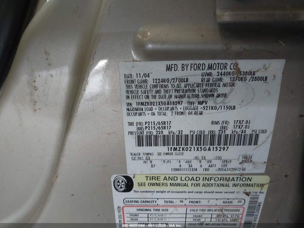 1FMZK021X5GA15297 2005 FORD FREESTYLE photo no. 9