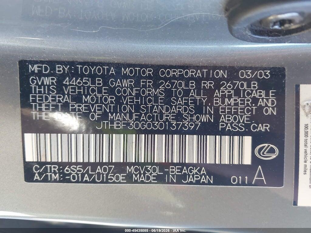 JTHBF30G030137397 2003 LEXUS ES 300 photo no. 9