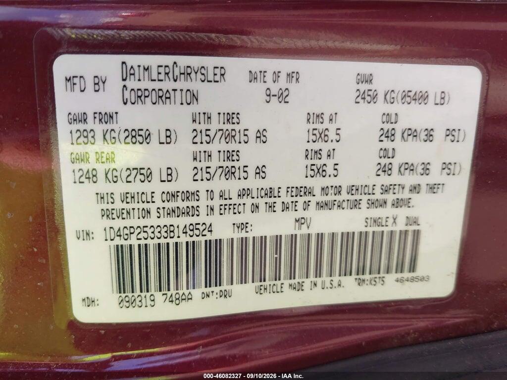 1D4GP25333B149524 2003 DODGE CARAVAN photo no. 9