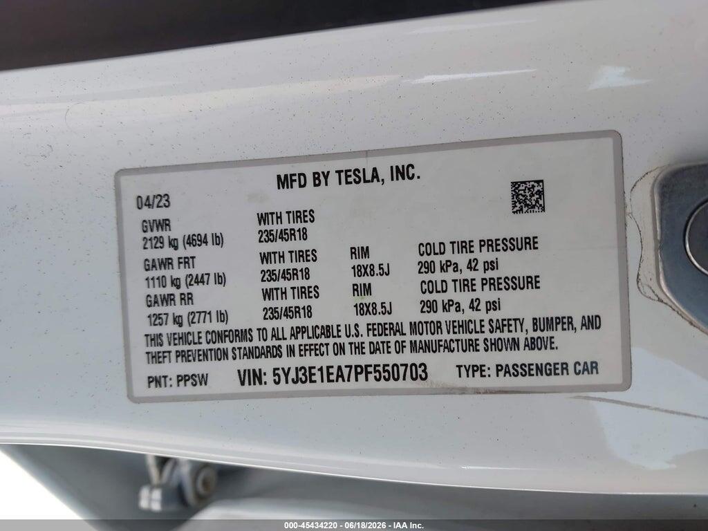 5YJ3E1EA7PF550703 2023 TESLA MODEL 3 photo no. 9