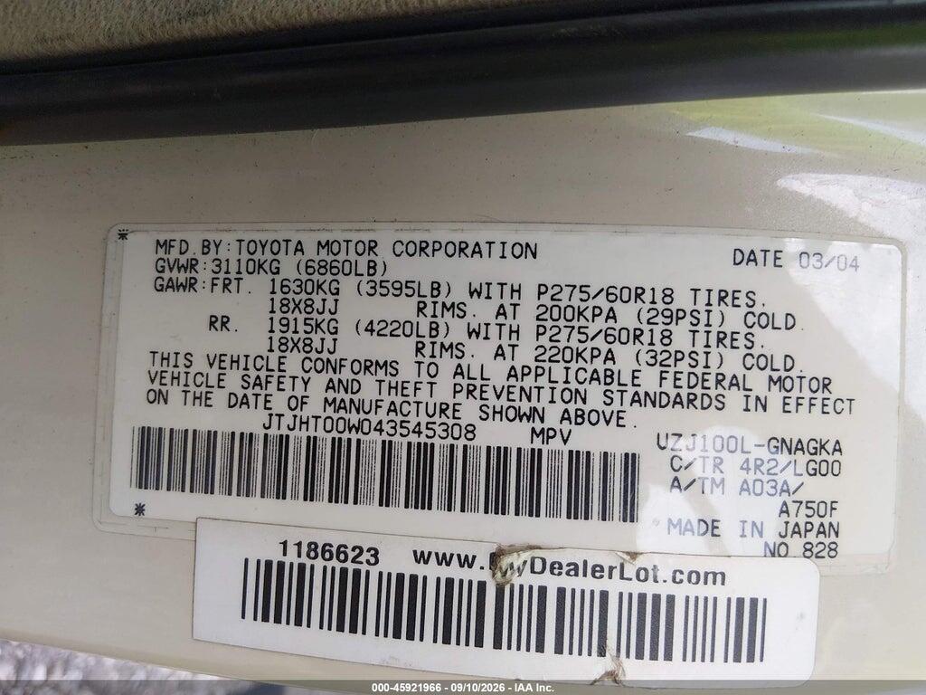 JTJHT00W043545308 2004 LEXUS LX 470 photo no. 9