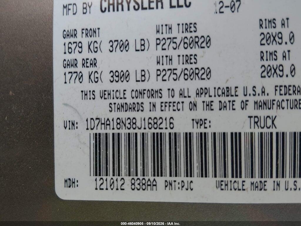 1D7HA18N38J168216 2008 DODGE RAM 1500 photo no. 9