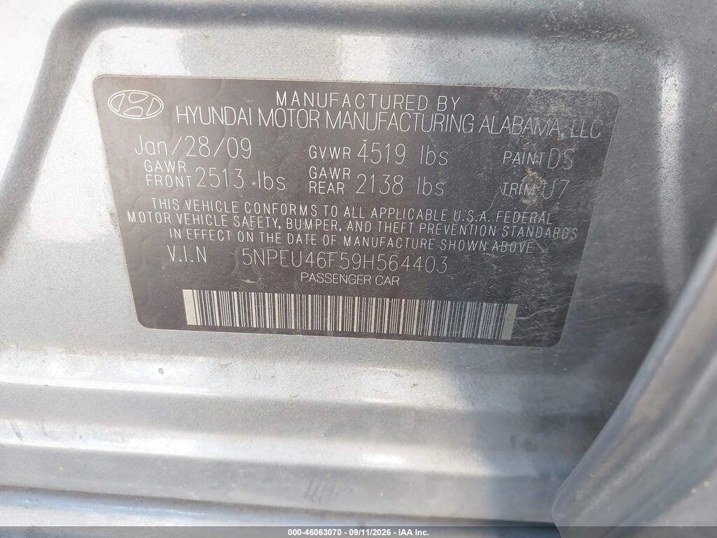 5NPEU46F59H564403 2009 HYUNDAI SONATA photo no. 9