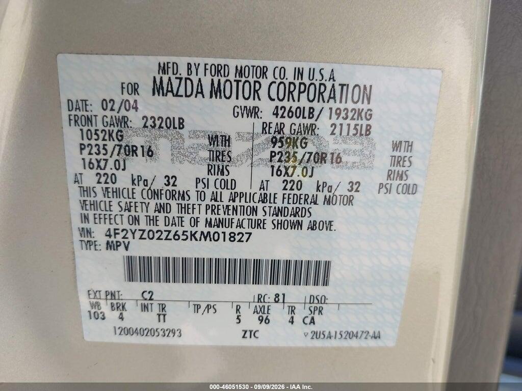 4F2YZ02Z65KM01827 2005 MAZDA TRIBUTE photo no. 9