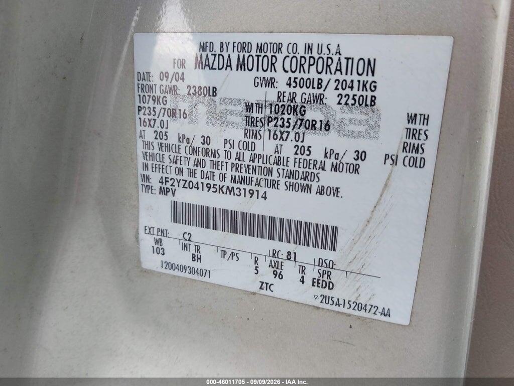 4F2YZ04195KM31914 2005 MAZDA TRIBUTE photo no. 9