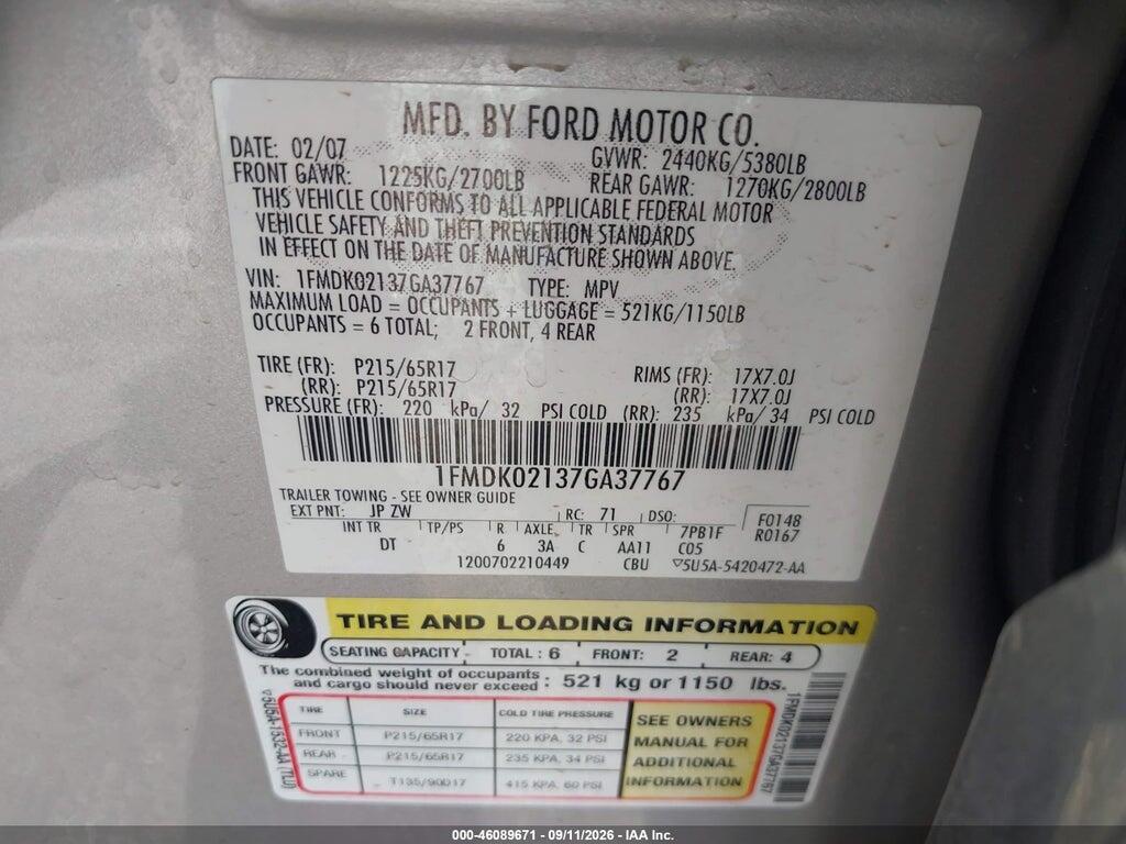 1FMDK02137GA37767 2007 FORD FREESTYLE photo no. 9