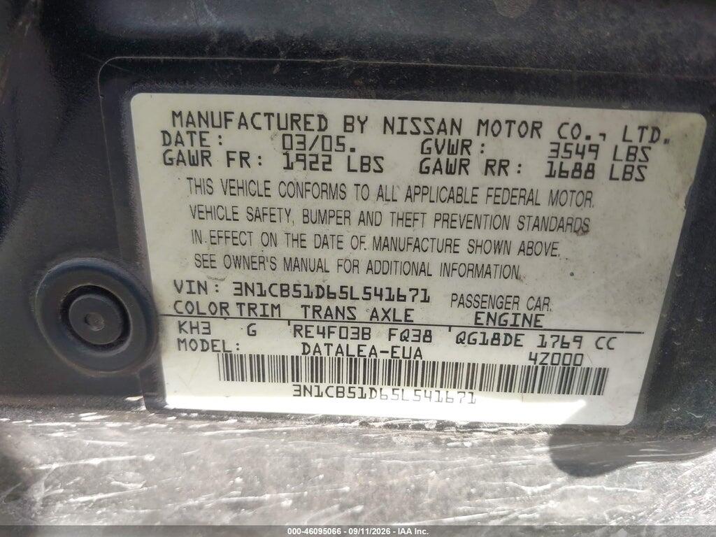 3N1CB51D65L541671 2005 NISSAN SENTRA photo no. 9