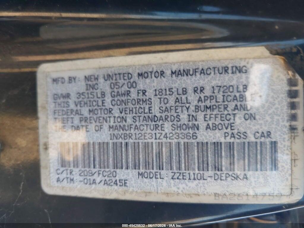 1NXBR12E31Z423366 2001 TOYOTA COROLLA photo no. 9