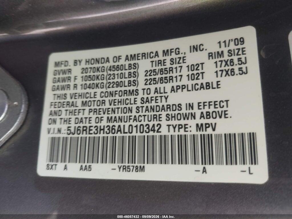5J6RE3H36AL010342 2010 HONDA CR-V photo no. 9