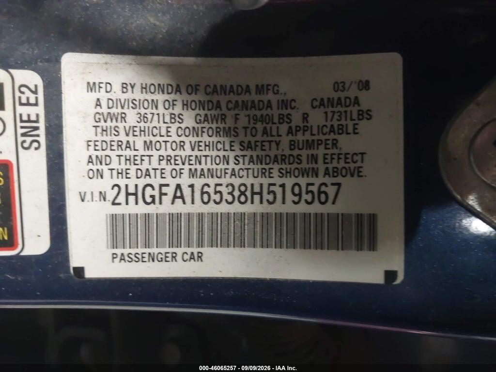 2HGFA16538H519567 2008 HONDA CIVIC photo no. 9