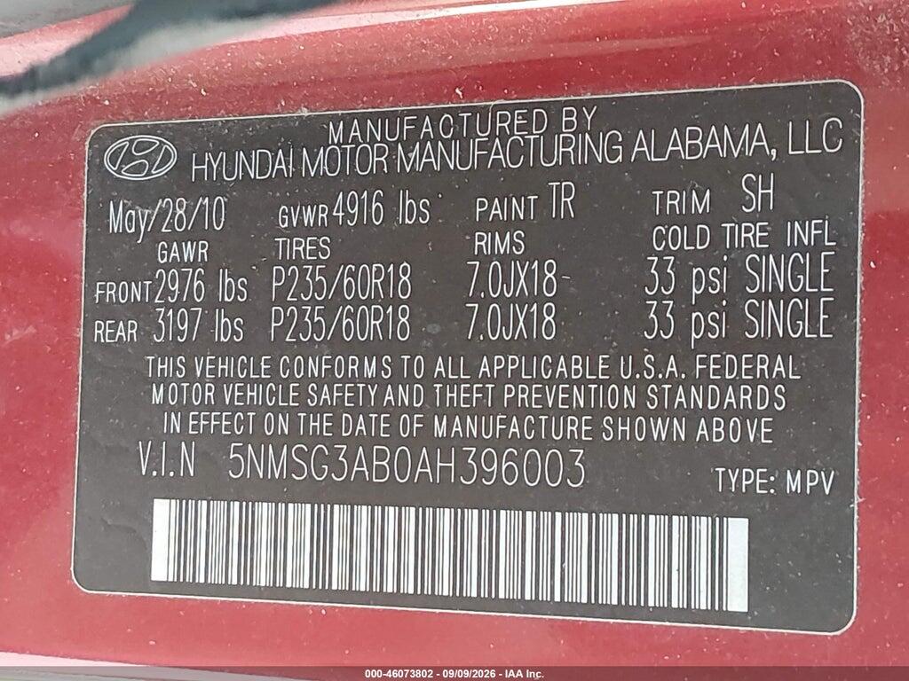 5NMSG3AB0AH396003 2010 HYUNDAI SANTA FE photo no. 9