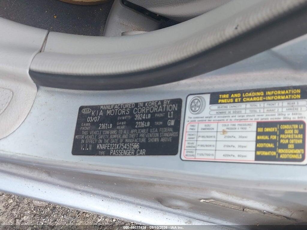 KNAFE121X75451566 2007 KIA SPECTRA photo no. 9