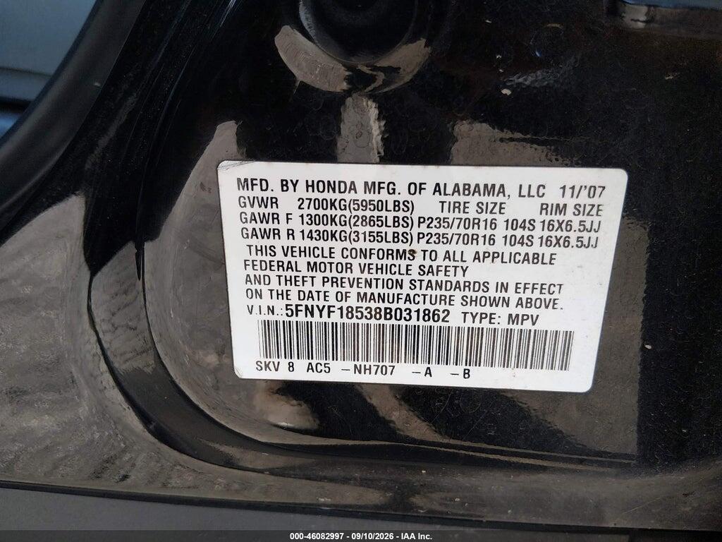5FNYF18538B031862 2008 HONDA PILOT photo no. 9