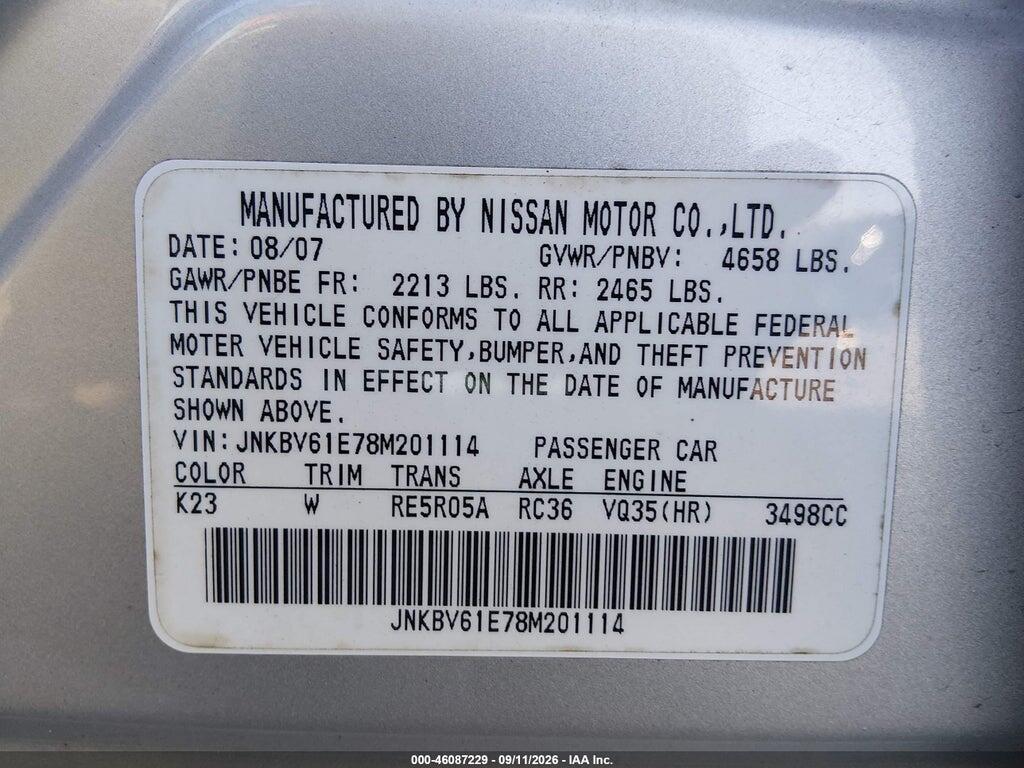 JNKBV61E78M201114 2008 INFINITI G35 photo no. 9