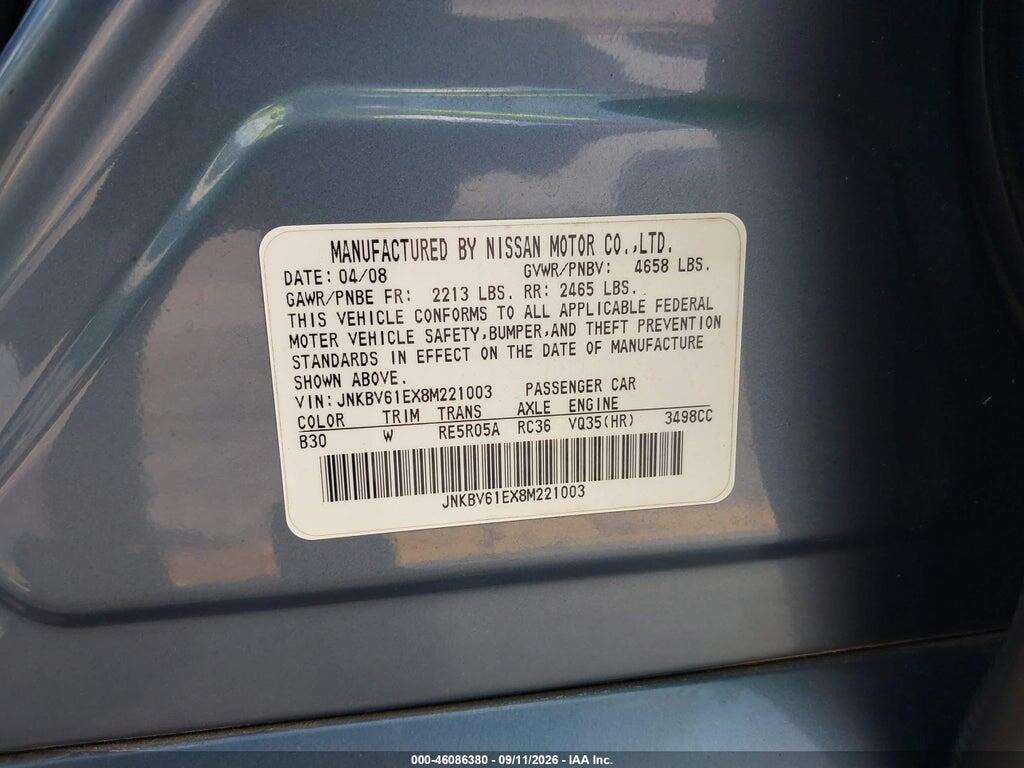JNKBV61EX8M221003 2008 INFINITI G35 photo no. 9
