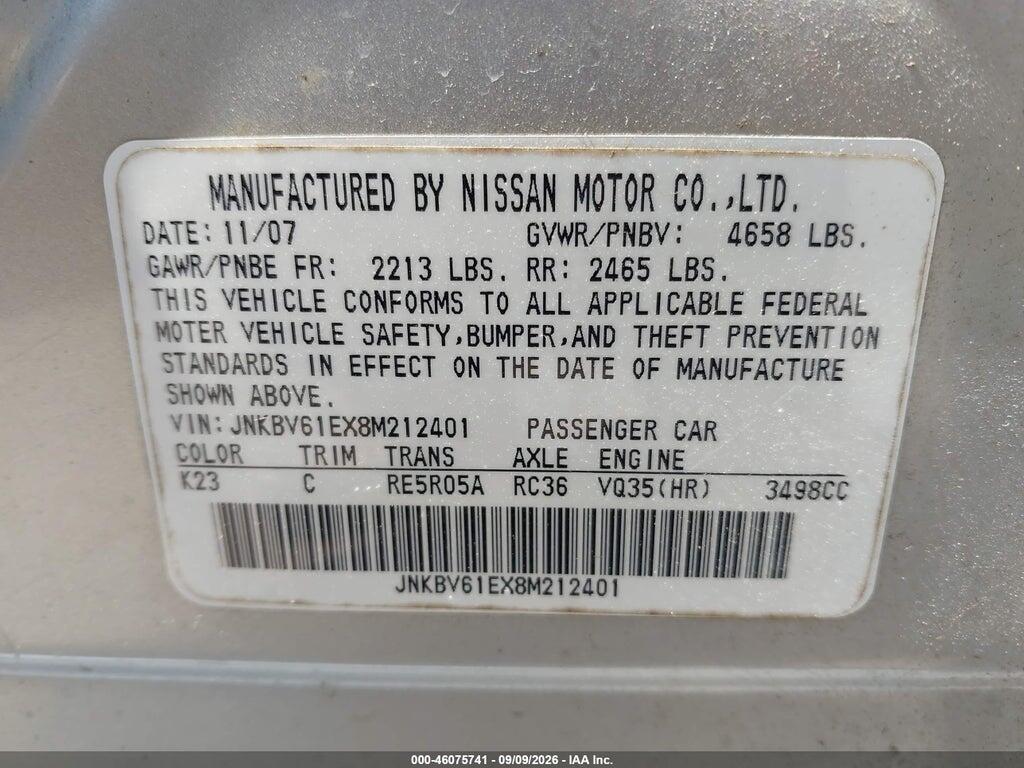 JNKBV61EX8M212401 2008 INFINITI G35 photo no. 9