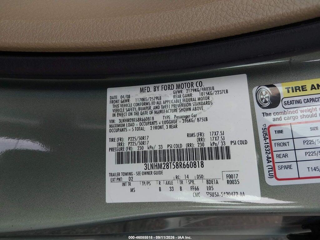 3LNHM28T58R660818 2008 LINCOLN MKZ photo no. 9