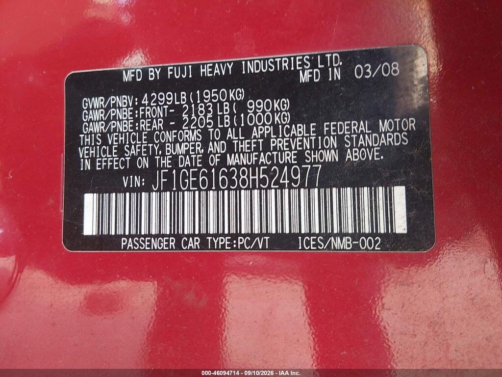 JF1GE61638H524977 2008 SUBARU IMPREZA photo no. 9
