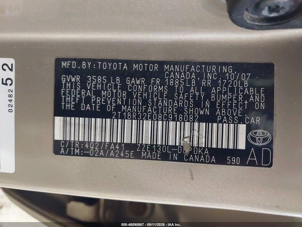 2T1BR32E08C918082 2008 TOYOTA COROLLA photo no. 9