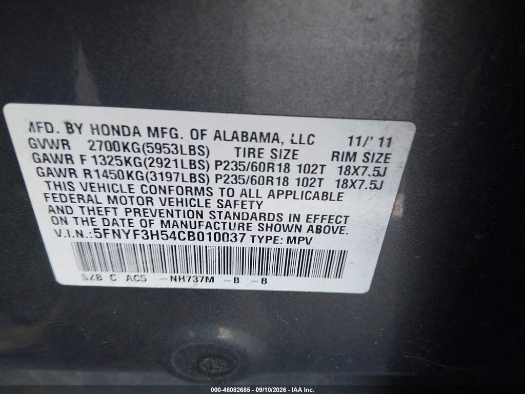 5FNYF3H54CB010037 2012 HONDA PILOT photo no. 9