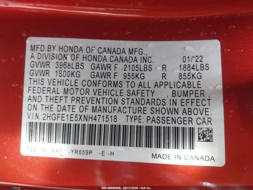 2HGFE1E5XNH471518 2022 HONDA CIVIC SI photo no. 9