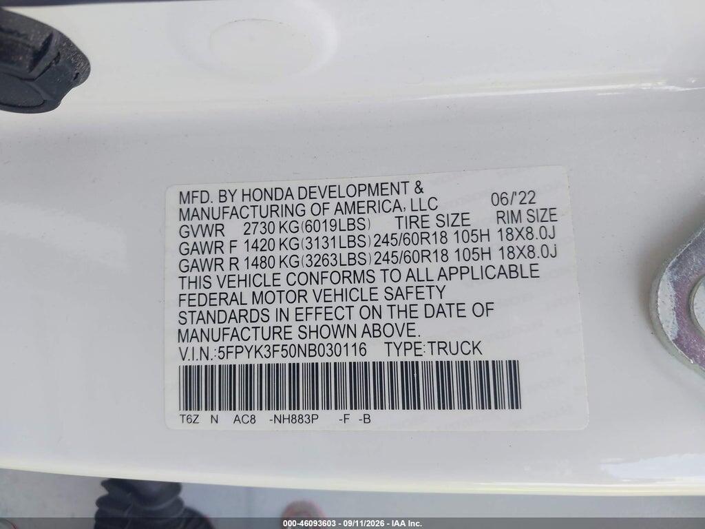 5FPYK3F50NB030116 2022 HONDA RIDGELINE photo no. 9