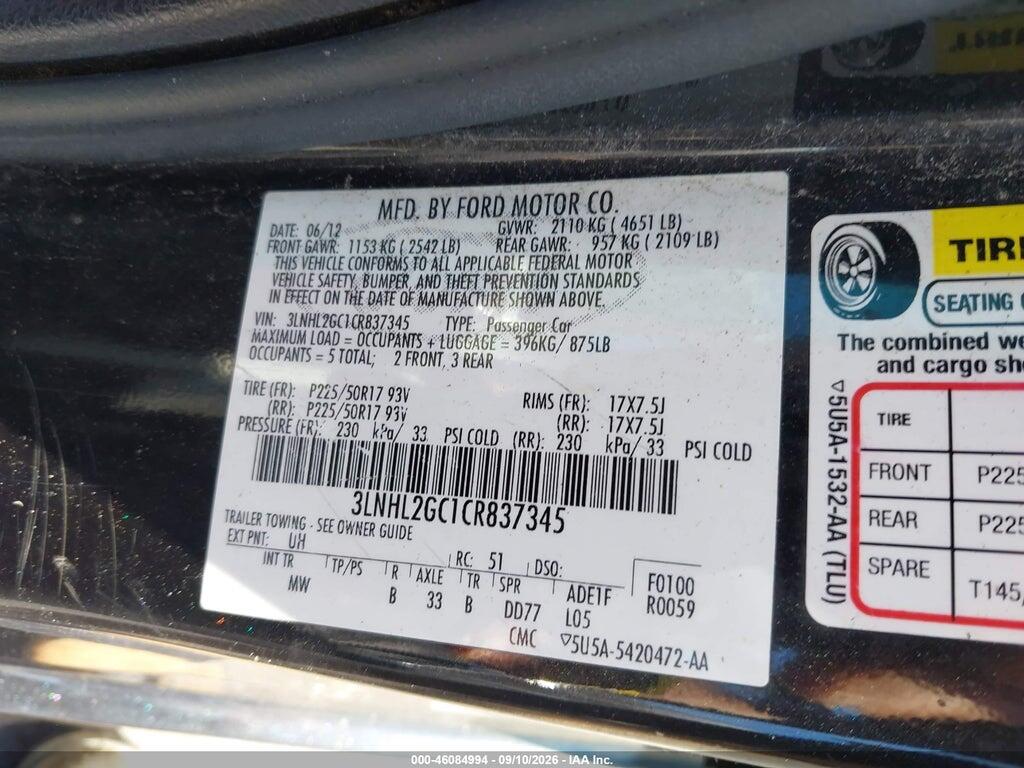 3LNHL2GC1CR837345 2012 LINCOLN MKZ photo no. 9
