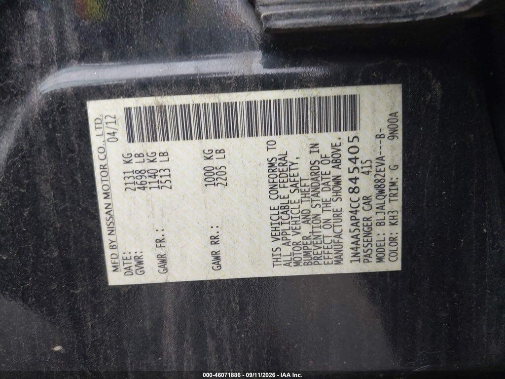 1N4AA5AP4CC845405 2012 NISSAN MAXIMA photo no. 9