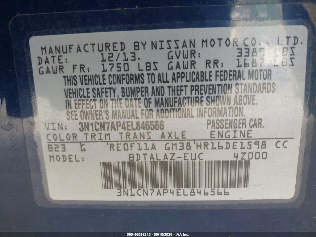 3N1CN7AP4EL846566 2014 NISSAN VERSA photo no. 9