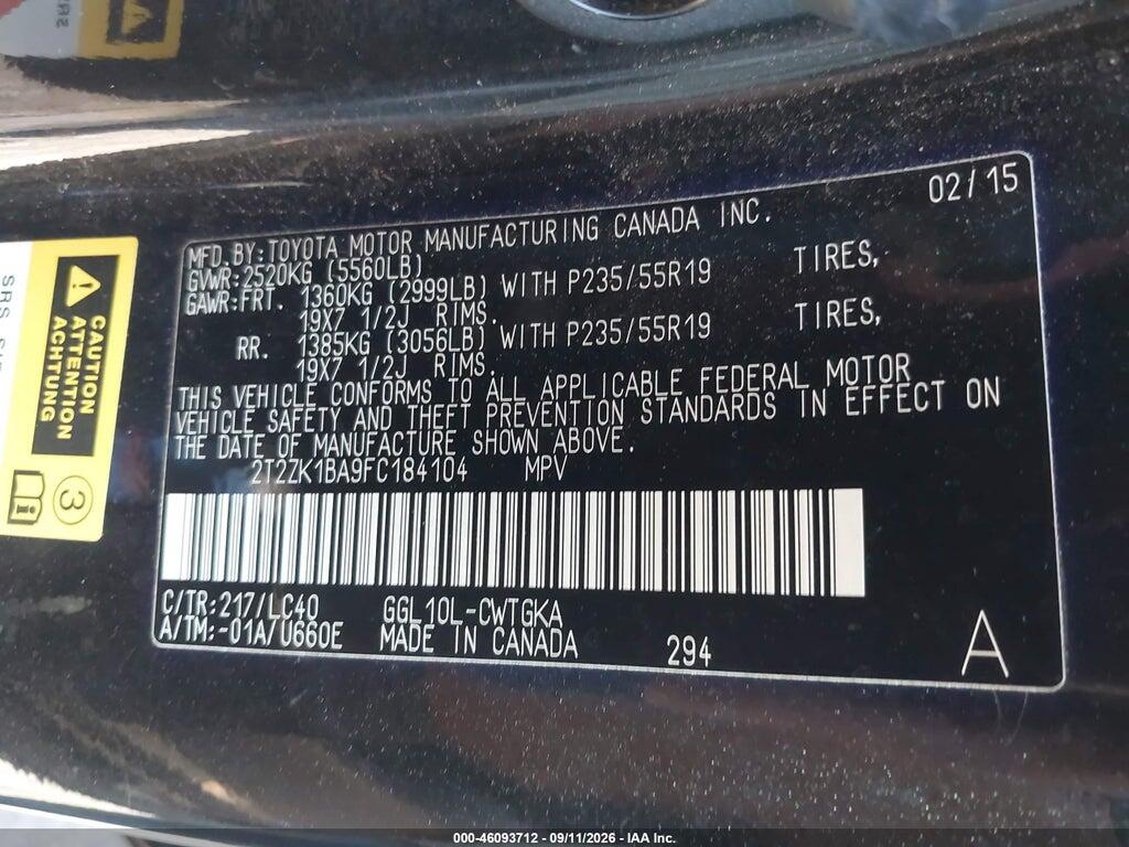 2T2ZK1BA9FC184104 2015 LEXUS RX 350 photo no. 9