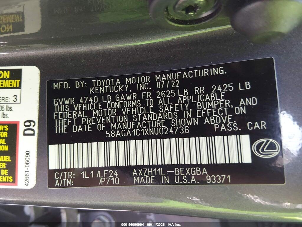 58AGA1C1XNU024736 2022 LEXUS ES 300H photo no. 9