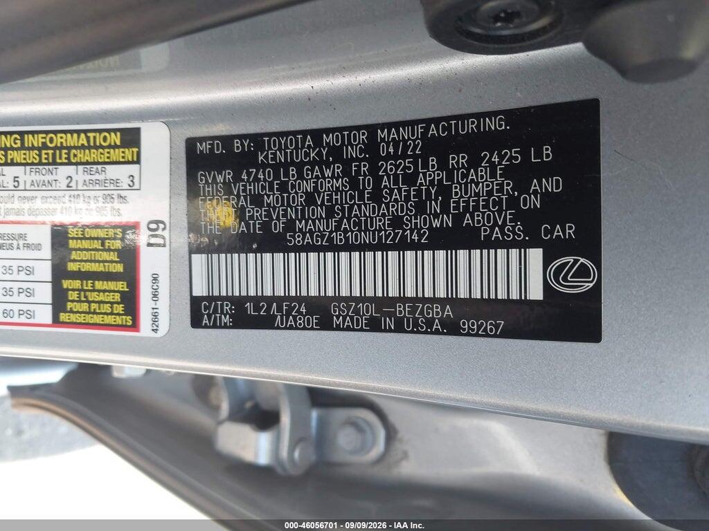 58AGZ1B10NU127142 2022 LEXUS ES 350 photo no. 9