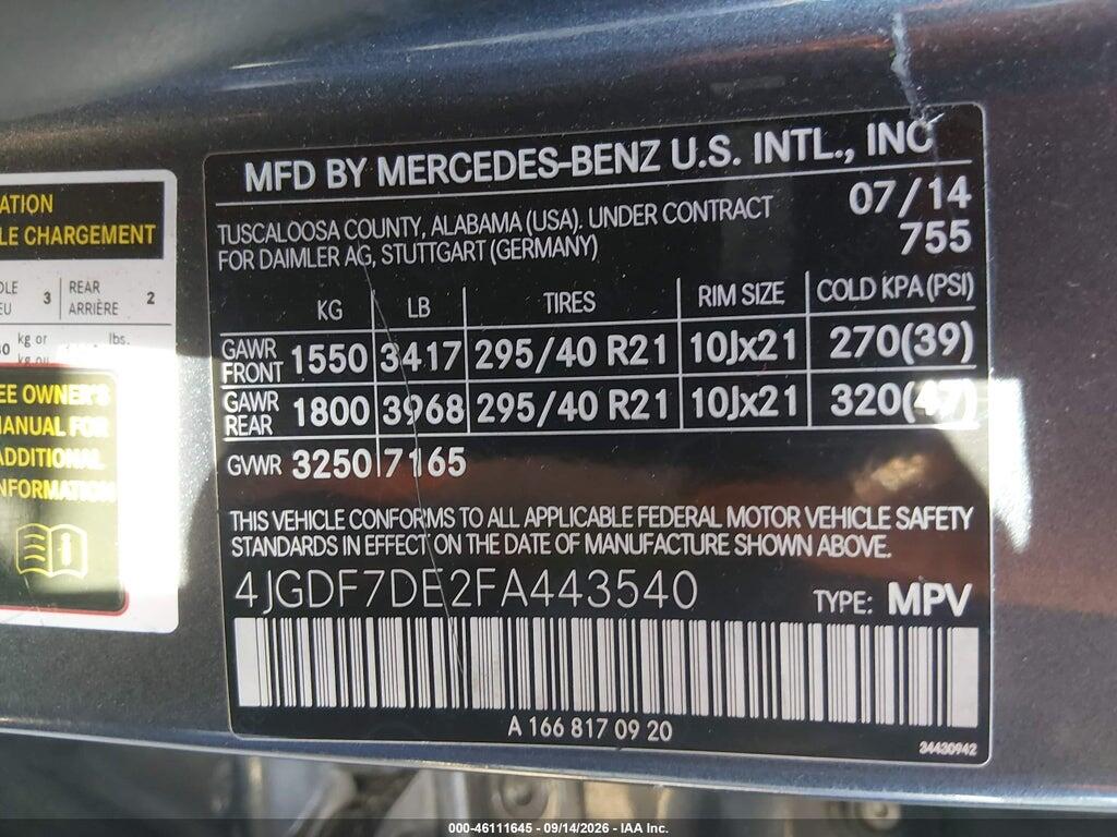 4JGDF7DE2FA443540 2015 MERCEDES-BENZ GL 550 photo no. 9