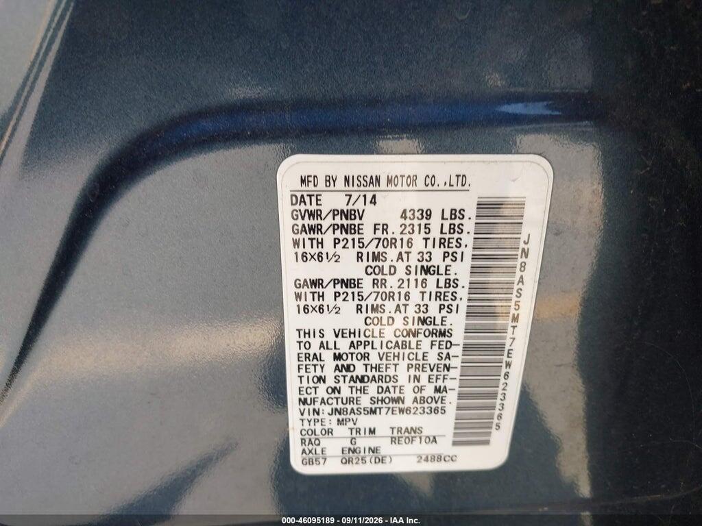JN8AS5MT7EW623365 2014 NISSAN ROGUE SELECT photo no. 9