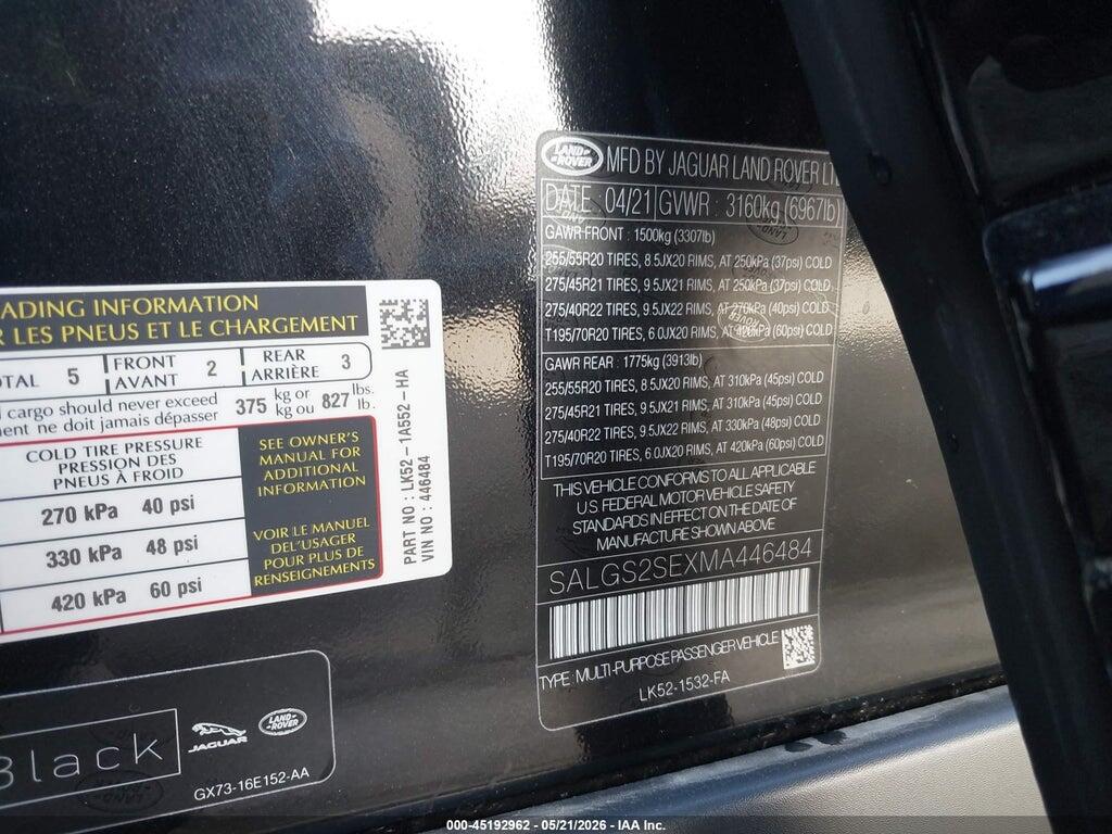 SALGS2SEXMA446484 2021 LAND ROVER RANGE ROVER photo no. 9