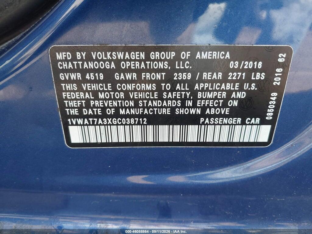 1VWAT7A3XGC038712 2016 VOLKSWAGEN PASSAT photo no. 9