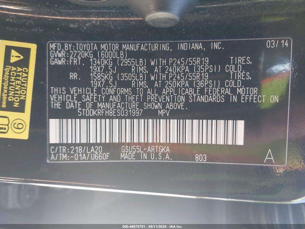 5TDDKRFH8ES031997 2014 TOYOTA HIGHLANDER photo no. 9