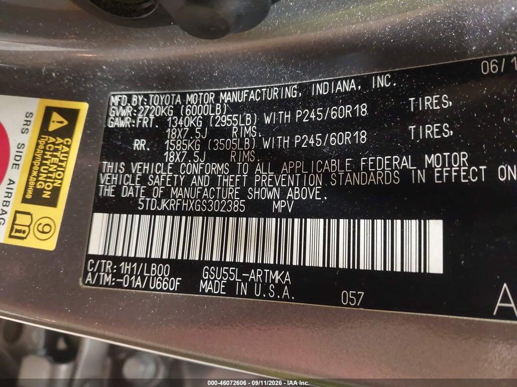 5TDJKRFHXGS302385 2016 TOYOTA HIGHLANDER photo no. 9