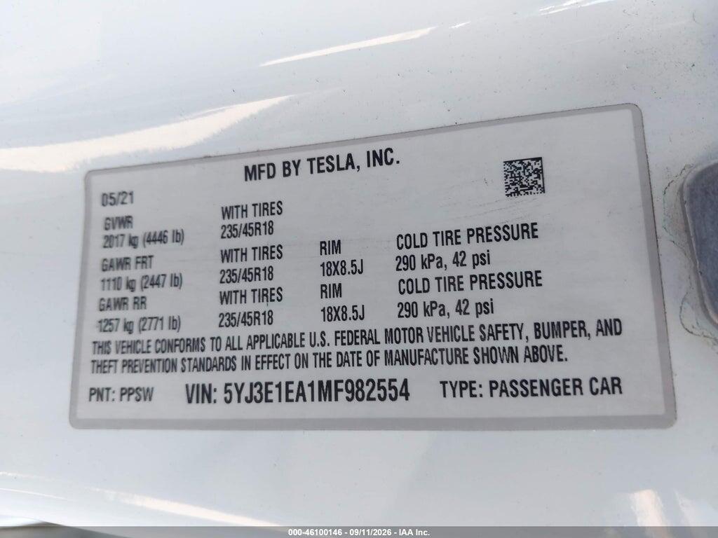 5YJ3E1EA1MF982554 2021 TESLA MODEL 3 photo no. 9