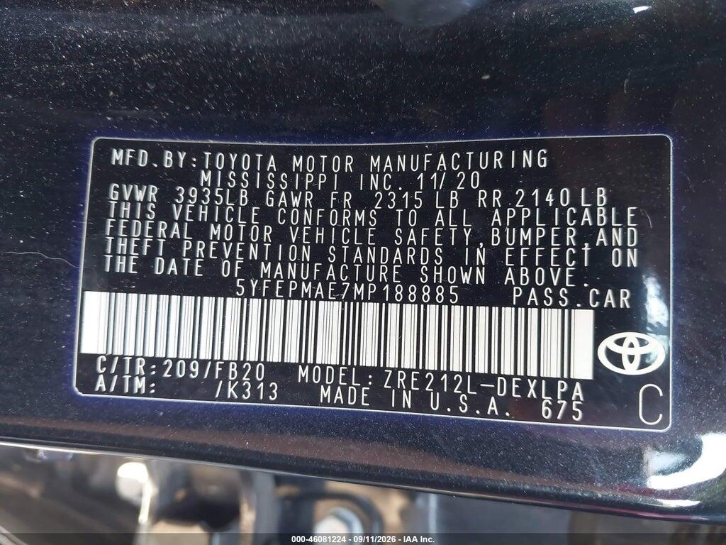 5YFEPMAE7MP188885 2021 TOYOTA COROLLA photo no. 9