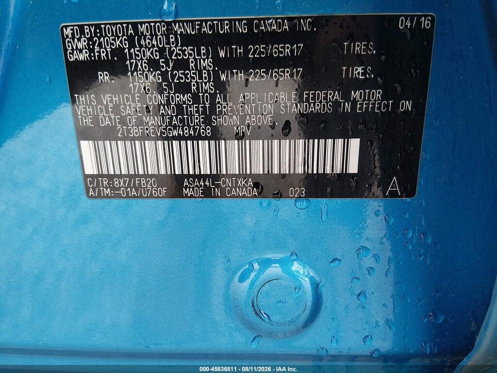 2T3BFREV5GW484768 2016 TOYOTA RAV4 photo no. 9