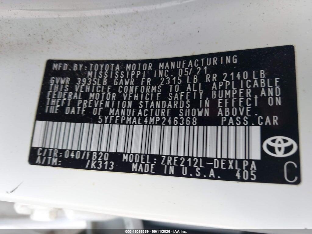 5YFEPMAE4MP246368 2021 TOYOTA COROLLA photo no. 9