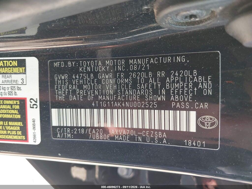 4T1G11AK4NU002525 2022 TOYOTA CAMRY photo no. 9