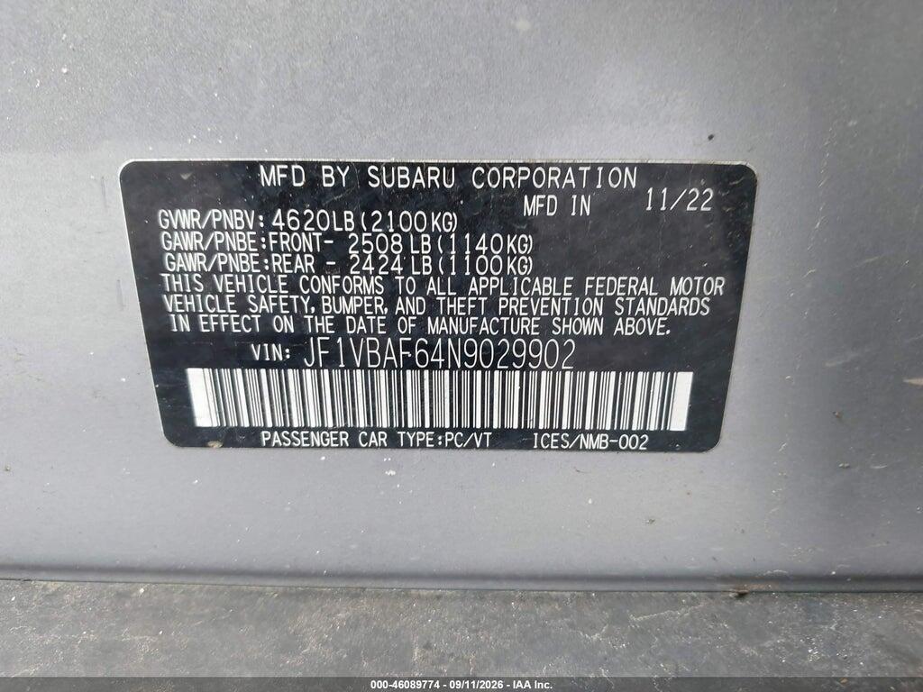 JF1VBAF64N9029902 2022 SUBARU WRX photo no. 9