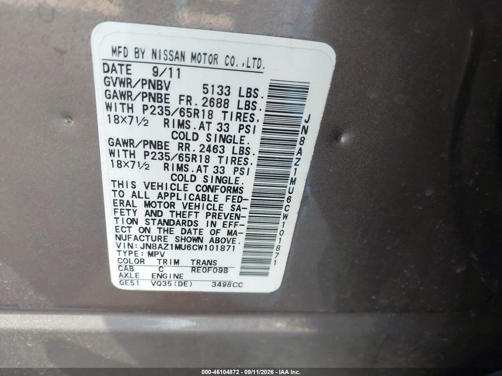 JN8AZ1MU6CW101871 2012 NISSAN MURANO photo no. 9
