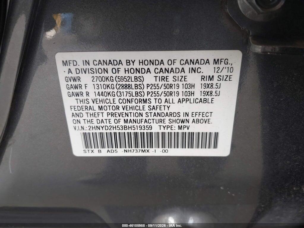 2HNYD2H53BH519359 2011 ACURA MDX photo no. 9